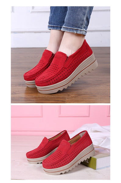 Spring Autumn Hollow Blue Moccasins Woman Platforms Genuine Leather Slip-on Casual Lady Round Toe Cow Suede  -  GeraldBlack.com