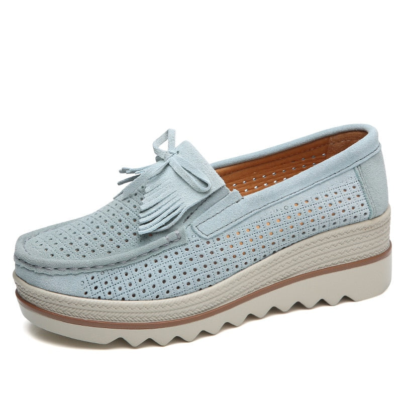 Spring Autumn Hollow Light Gray Moccasins Woman Platforms Genuine Leather Slip-on Casual Lady Round Toe Cow Suede  -  GeraldBlack.com