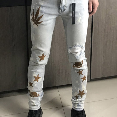 Spring Autumn Men's Embroidery Splash Patch Stretch Leg Skinny Jeans - SolaceConnect.com