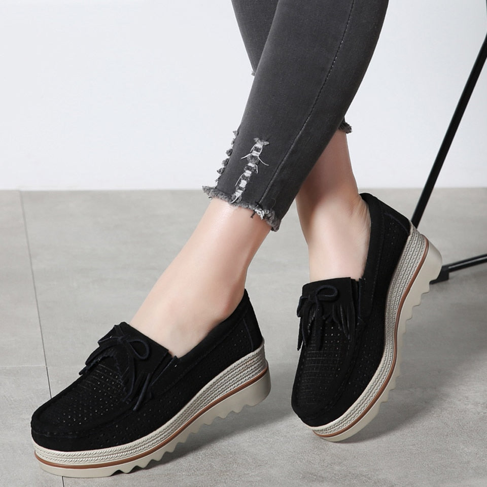Spring Autumn Moccasins Woman Platforms Genuine Leather Slip-ons Casual Lady Round Toe Cow Suede  -  GeraldBlack.com