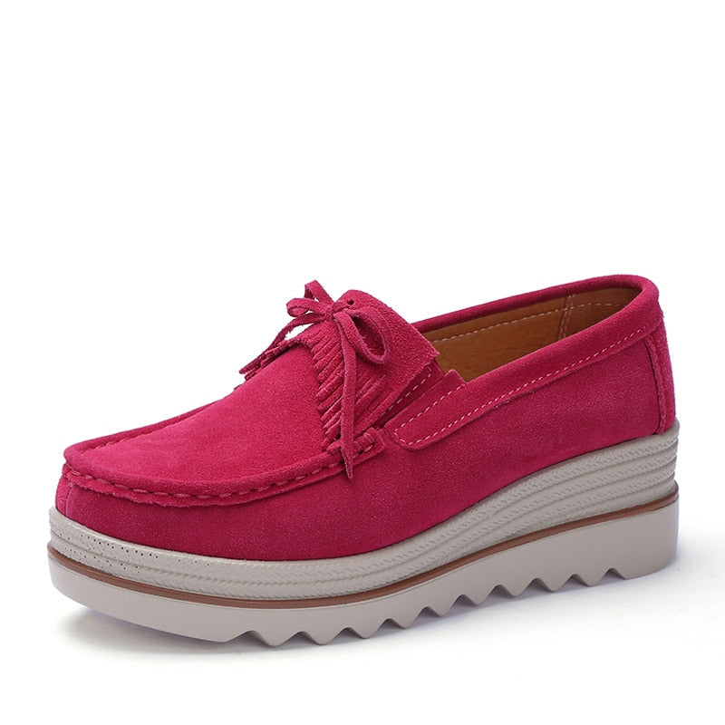 Spring Autumn Rose Red Moccasins Woman Platforms Genuine Leather Slip-on Casual Lady Round Toe Cow Suede  -  GeraldBlack.com