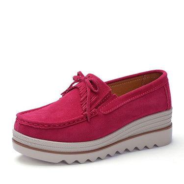 Spring Autumn Rose Red Moccasins Woman Platforms Genuine Leather Slip-on Casual Lady Round Toe Cow Suede  -  GeraldBlack.com