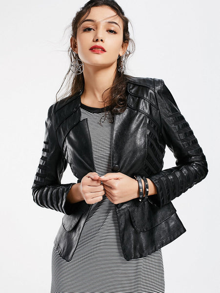Spring Autumn Winter Patchwork Women's Leather Motorcycle Zipper Jacket - SolaceConnect.com
