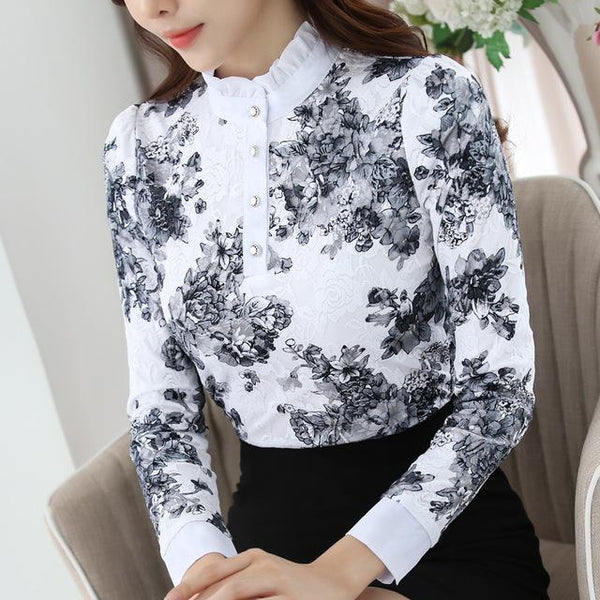Spring Autumn Women's High Collar Crochet Lace Floral Blouse with Button - SolaceConnect.com