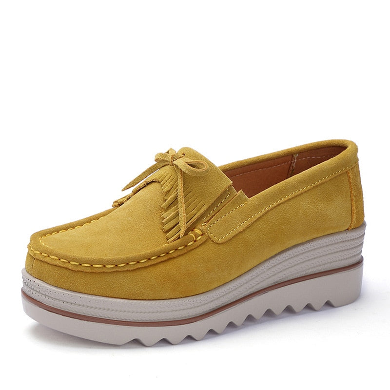 Spring Autumn Yellow Moccasins Woman Platforms Genuine Leather Slip-on Casual Lady Round Toe Cow Suede  -  GeraldBlack.com
