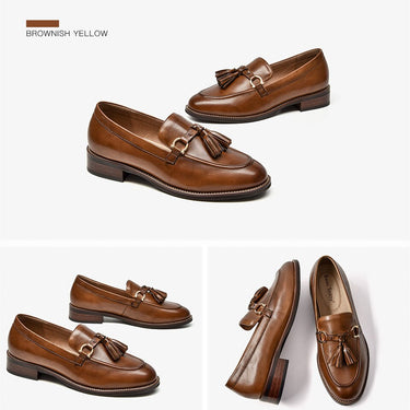 Spring Fashion Women's Cow Leather Round Toe Tassels Decor Slip-on Loafers - SolaceConnect.com