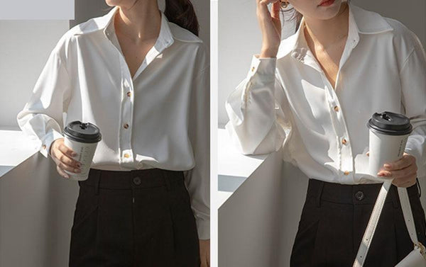 Spring Fashion Women's Turn-Down Collar Oversized Work Wear Blouse Tops - SolaceConnect.com