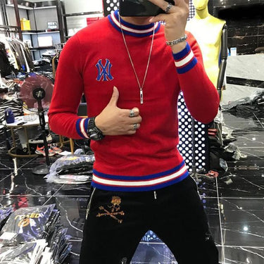 Spring Men's Red Net Knitted O-neck Embroidered Warm Pullover Sweater - SolaceConnect.com
