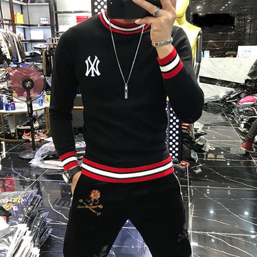 Spring Men's Red Net Knitted O-neck Embroidered Warm Pullover Sweater - SolaceConnect.com