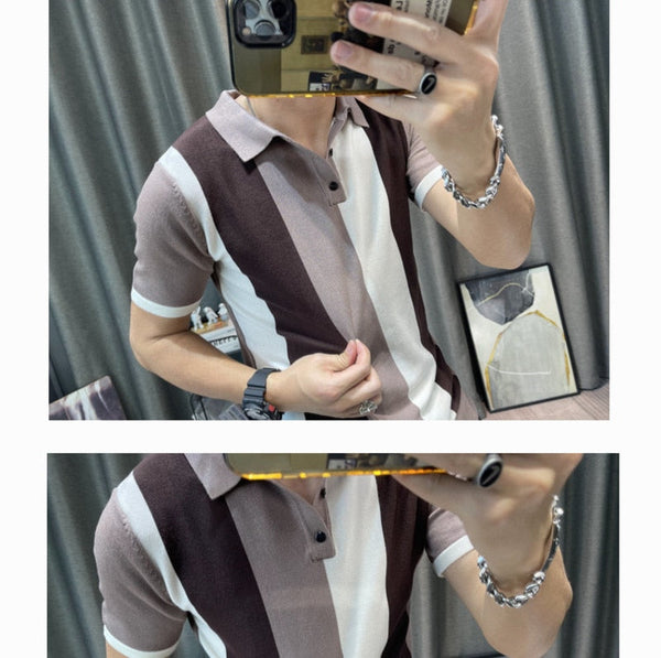 Spring Men Short Sleeve Polo Contrast Stripes Lapel Top Korean Slim Knit Shirt Camisa Hombre  -  GeraldBlack.com