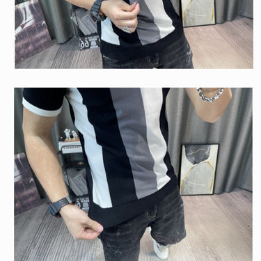 Spring Men Short Sleeve Polo Contrast Stripes Lapel Top Korean Slim Knit Shirt Camisa Hombre  -  GeraldBlack.com