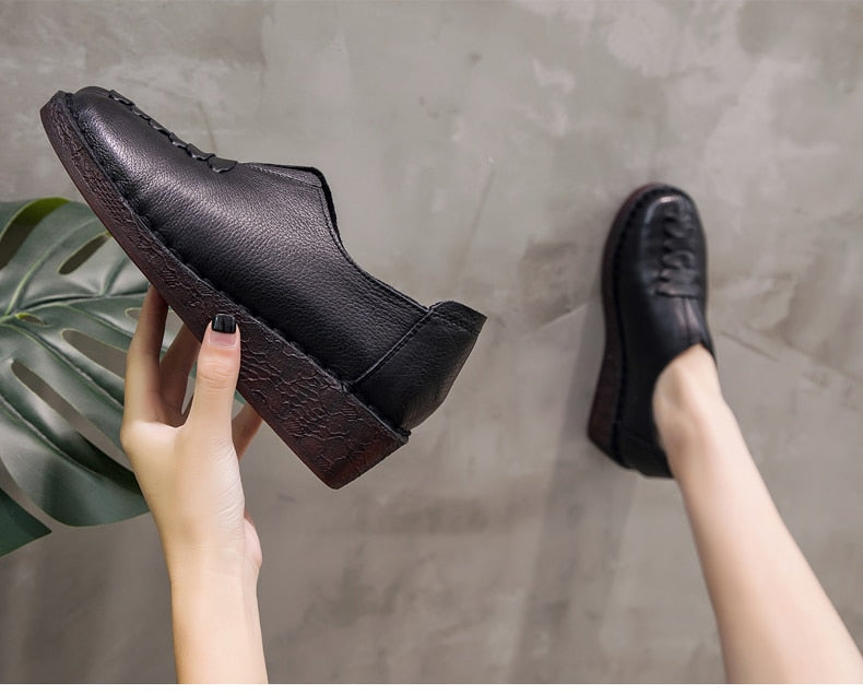 Spring Retro Fashion Ladies Handmade Soft Genuine Leather Flats Loafers - SolaceConnect.com