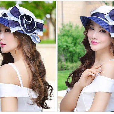 Spring Summer Curling Straw Korean Beach Hat with Flowers for Ladies - SolaceConnect.com