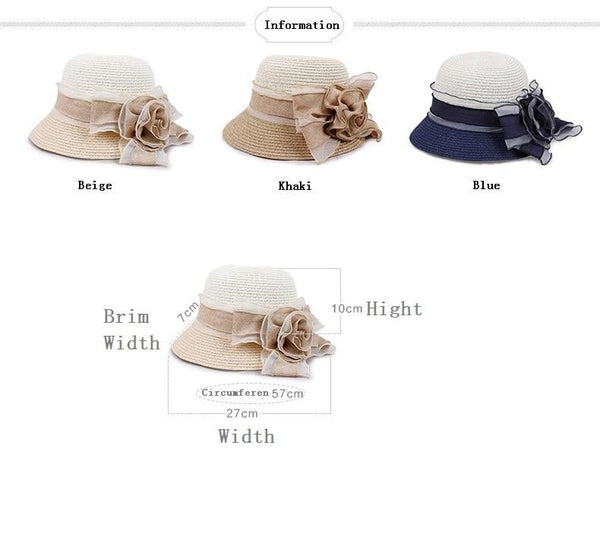 Spring Summer Curling Straw Korean Beach Hat with Flowers for Ladies - SolaceConnect.com