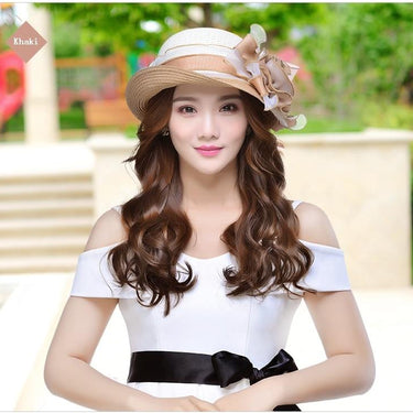Spring Summer Curling Straw Korean Beach Hat with Flowers for Ladies  -  GeraldBlack.com