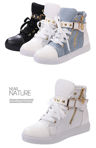Spring Women's Solid Black Blue Canvas Rivet High Top Flats Sneakers Shoes - SolaceConnect.com
