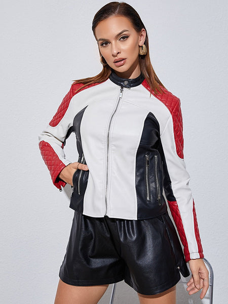 Spring Women Slim Fit Pu Faux Leather Short Jacket Moto Biker Zipper O-neck Coat Outwear Tops  -  GeraldBlack.com