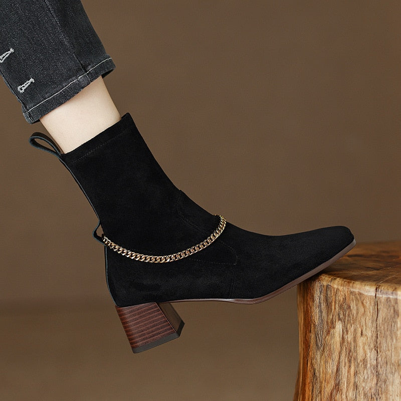 Square Toe Ankle Boots Metal Chain Booties Suede Slip-on Chunky Heels Concise Casual Women Shoes Solid Vintage Botas Femininas  -  GeraldBlack.com