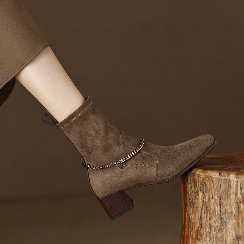 Women's Concise Solid Pattern Square Toe Metal Chain Slip-On Ankle Boots 1 Women's Concise Solid Pattern Square Toe Metal Chain Slip-On Ankle Boots