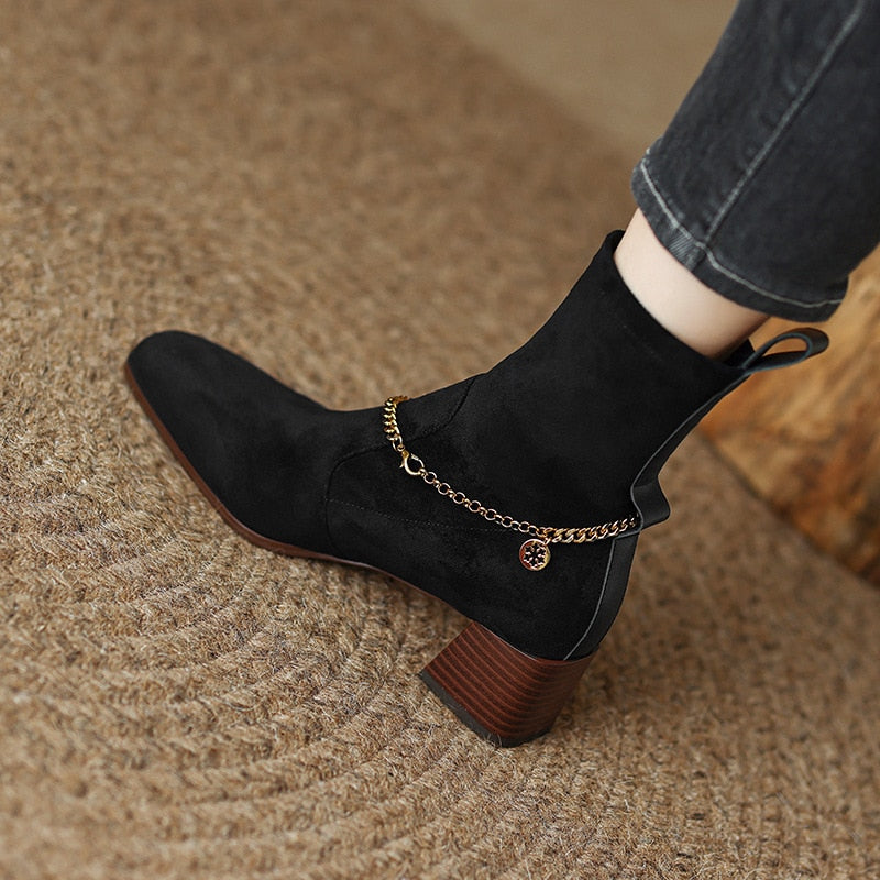 Square Toe Ankle Boots Metal Chain Booties Suede Slip-on Chunky Heels Concise Casual Women Shoes Solid Vintage Botas Femininas  -  GeraldBlack.com