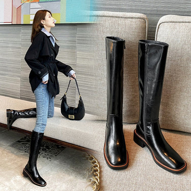 Square Toe Knight Boots Side Zipper Mid Heels Solid Concise Cozy Women Shoes All-match Long Botines Botas Femininas  -  GeraldBlack.com