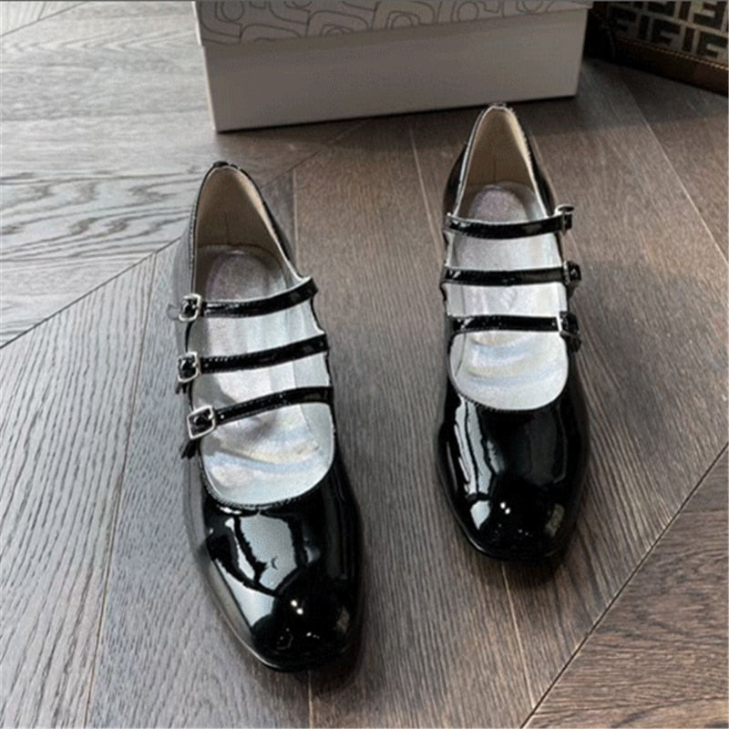 Square Toe Mary Janes Middle Thick Heel Retro Casual Buckle Strap Little Leather Shoes  -  GeraldBlack.com
