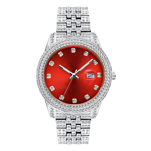 Stainless Steel Full Ice Out Red Dial Quartz Luxury Wristwatch for Men  -  GeraldBlack.com