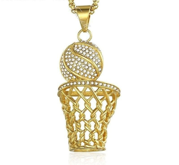 Stainless Steel Gold Rhinestone Basketball Pendant with Hip Hop Necklace - SolaceConnect.com