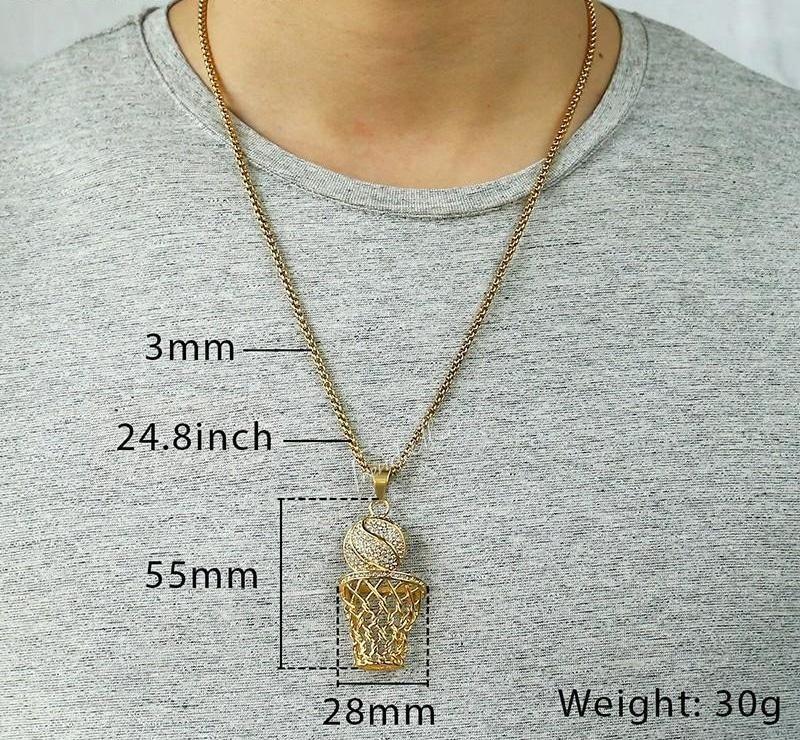 Stainless Steel Gold Rhinestone Basketball Pendant with Hip Hop Necklace - SolaceConnect.com