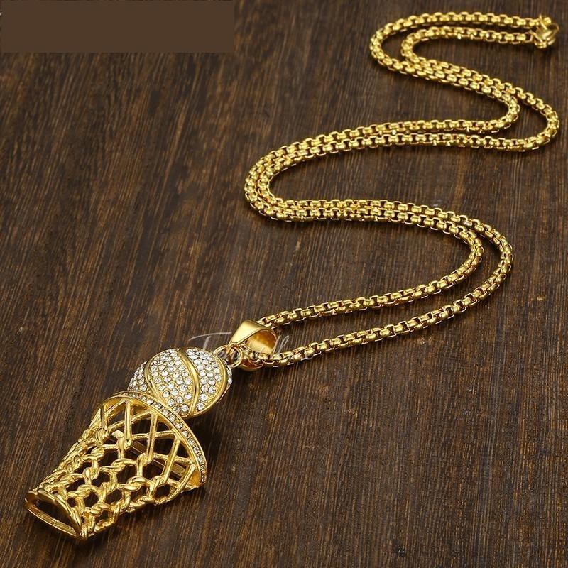 Stainless Steel Gold Rhinestone Basketball Pendant with Hip Hop Necklace  -  GeraldBlack.com