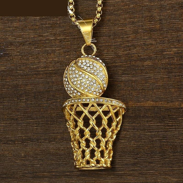 Stainless Steel Gold Rhinestone Basketball Pendant with Hip Hop Necklace  -  GeraldBlack.com
