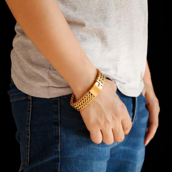 Stainless Steel Link Chain Bracelet for Men Cool Mesh Dubai Gold Jewelry - SolaceConnect.com