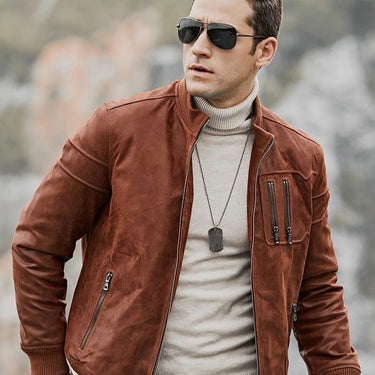 Standing Collar Rib Cuff Slim Fit Real Pigskin Leather Coat for Men - SolaceConnect.com