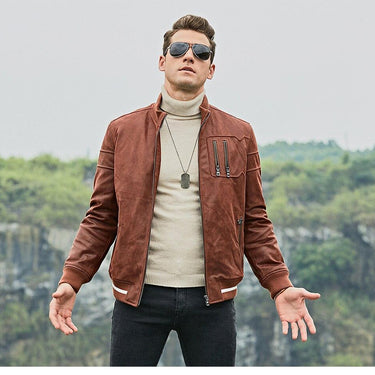 Standing Collar Rib Cuff Slim Fit Real Pigskin Leather Coat for Men - SolaceConnect.com