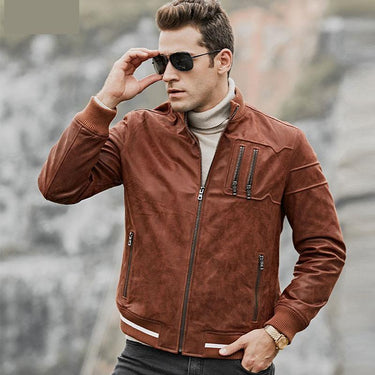 Standing Collar Rib Cuff Slim Fit Real Pigskin Leather Coat for Men  -  GeraldBlack.com