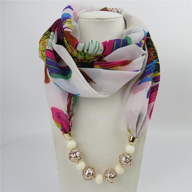 Statement Flower Pattern Printed Chiffon Beads Scarf Necklace for Women - SolaceConnect.com