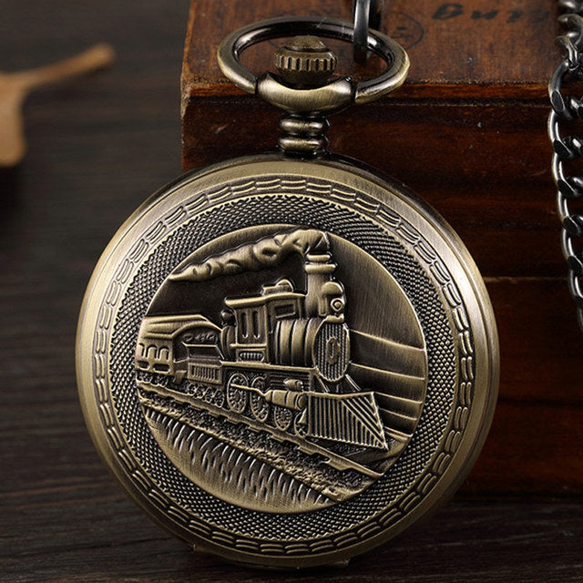 Steampunk Bronze Engrave Train Locomotive Mechanical Hand Wind Pocket Watch  -  GeraldBlack.com