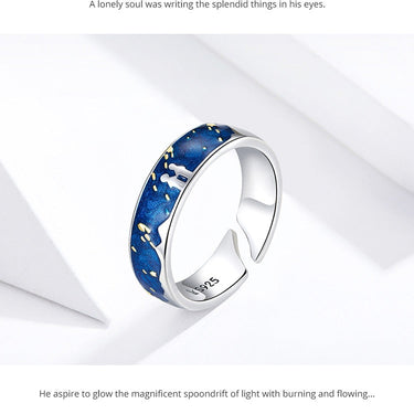 Sterling Silver 925 Lover Rings for Couple Blue Starry Sky of Van Gogh Open Finger Ring Design Jewelry Accessories SCR608  -  GeraldBlack.com