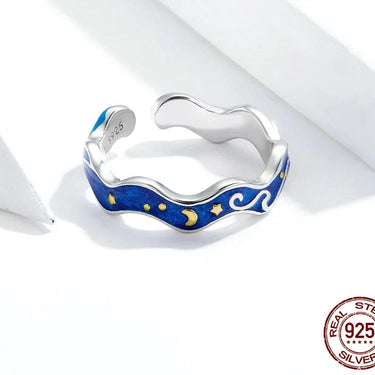 Sterling Silver 925 Lover Rings for Couple Blue Starry Sky of Van Gogh Open Finger Ring Design Jewelry Accessories SCR608  -  GeraldBlack.com