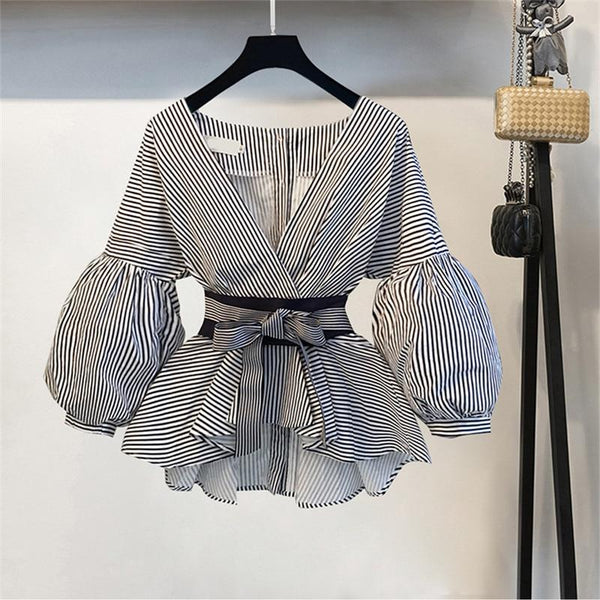 Striped Blouse & Wide Leg Pants Set with Sashes & Fashion Puff Sleeves  -  GeraldBlack.com