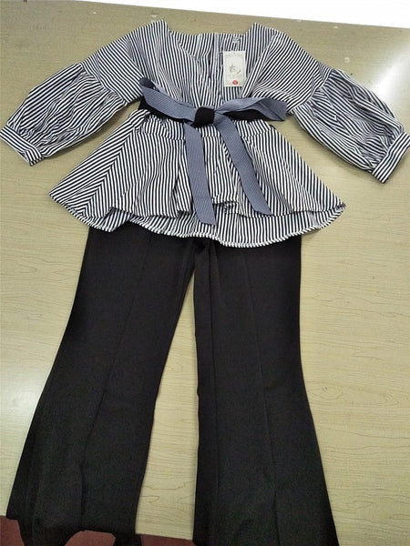 Striped Blouse & Wide Leg Pants Set with Sashes & Fashion Puff Sleeves - SolaceConnect.com