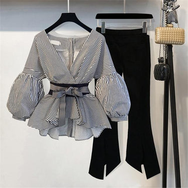 Striped Blouse & Wide Leg Pants Set with Sashes & Fashion Puff Sleeves - SolaceConnect.com