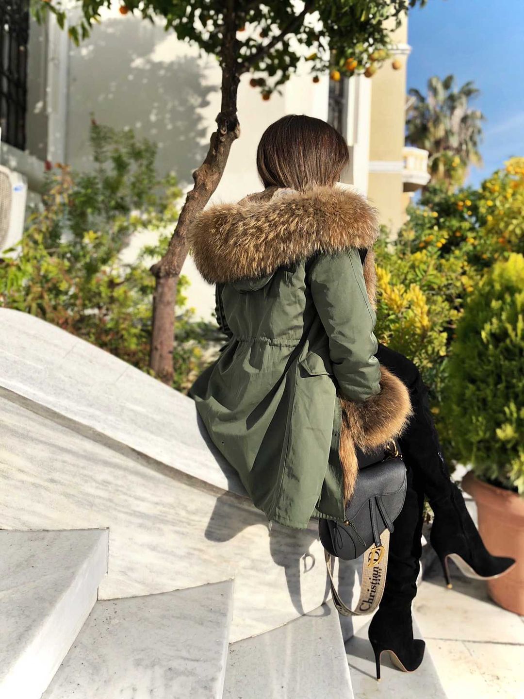 Stylish Army Green Color Women's Real Fur Winter Coat Jacket with Fur Collar  -  GeraldBlack.com