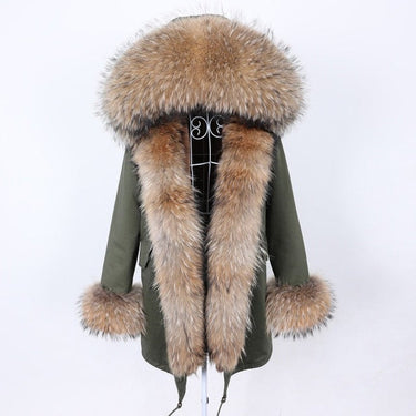 Stylish Army Green Color Women's Real Fur Winter Coat Jacket with Fur Collar  -  GeraldBlack.com