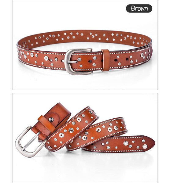 Stylish Cool Retro Style Women's Genuine Leather Rivet Waistband - SolaceConnect.com