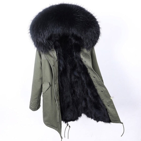 Stylish Long Winter Jacket for Women with Black Natural Raccoon Fur Hood  -  GeraldBlack.com