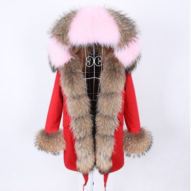 Stylish Red Natural Fur Collar Hooded Long-Sleeved Winter Jacket for Women  -  GeraldBlack.com