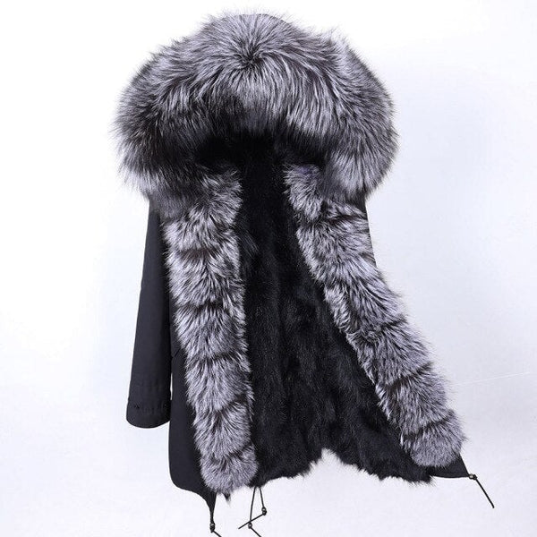 Stylish Thick Warm Hooded Natural Raccoon Fur Collared Long Jacket  -  GeraldBlack.com