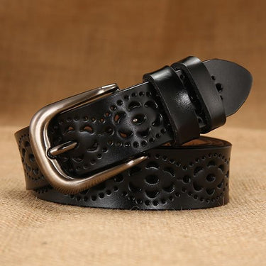 Stylish Women's Floral Carved Design Thin Genuine Leather Ceinture Belts - SolaceConnect.com