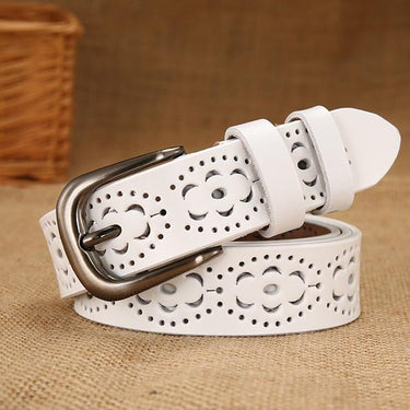 Stylish Women's Floral Carved Design Thin Genuine Leather Ceinture Belts - SolaceConnect.com